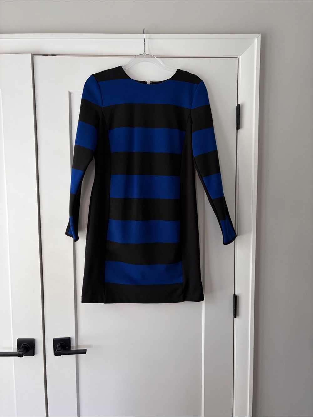 MICHAEL Michael Kors Black and Royal Blue Striped Long-Sleeve Shift Dress